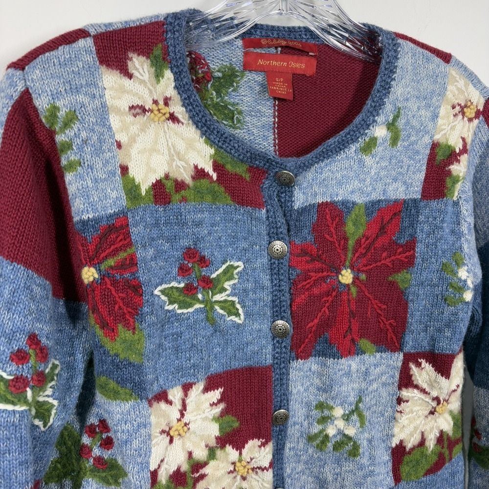 VTG Northern Isles Women‎ Holiday Cardigan Sweater Size S Christmas Poinsettia